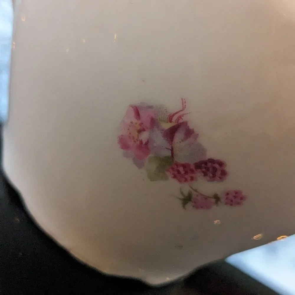 Antique 1800's German Porcelain Pitcher Creamer Floral Black Berry Purple Pink